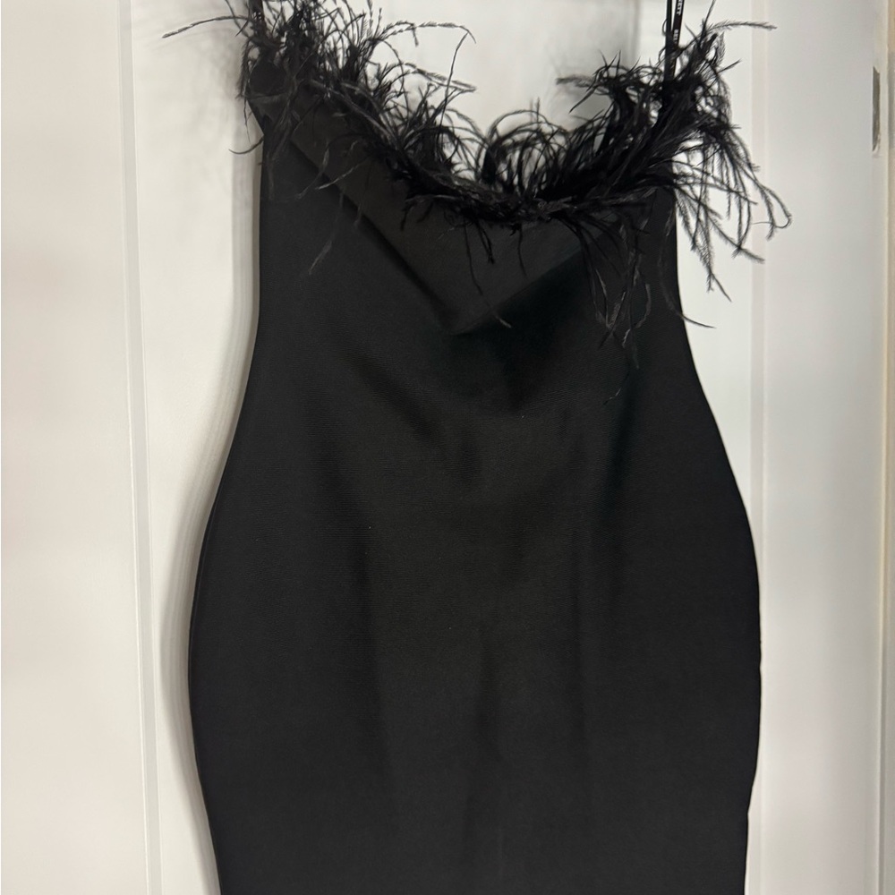 Bella  Black Feather-Accent Dress